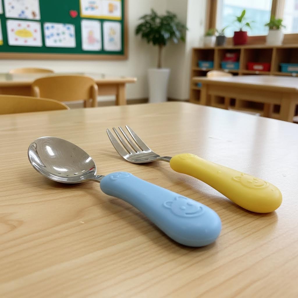 유치원 수저세트의 스테인리스 소재와 손잡이 디자인을 클로즈업한 사진