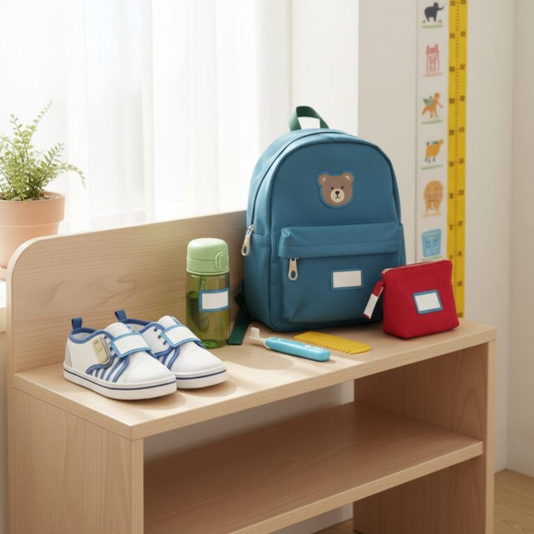 유치원 입학 준비물로 꼭 필요한 실내화와 개인용품이 깔끔하게 정리된 사진
