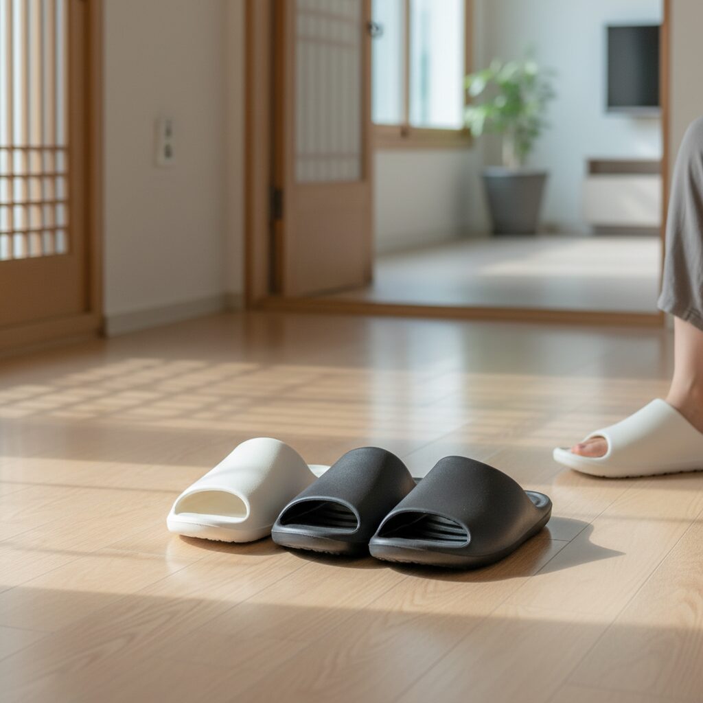 흰색과 검정색 국산 EVA 실내화가 나란히 놓여 있는 사진