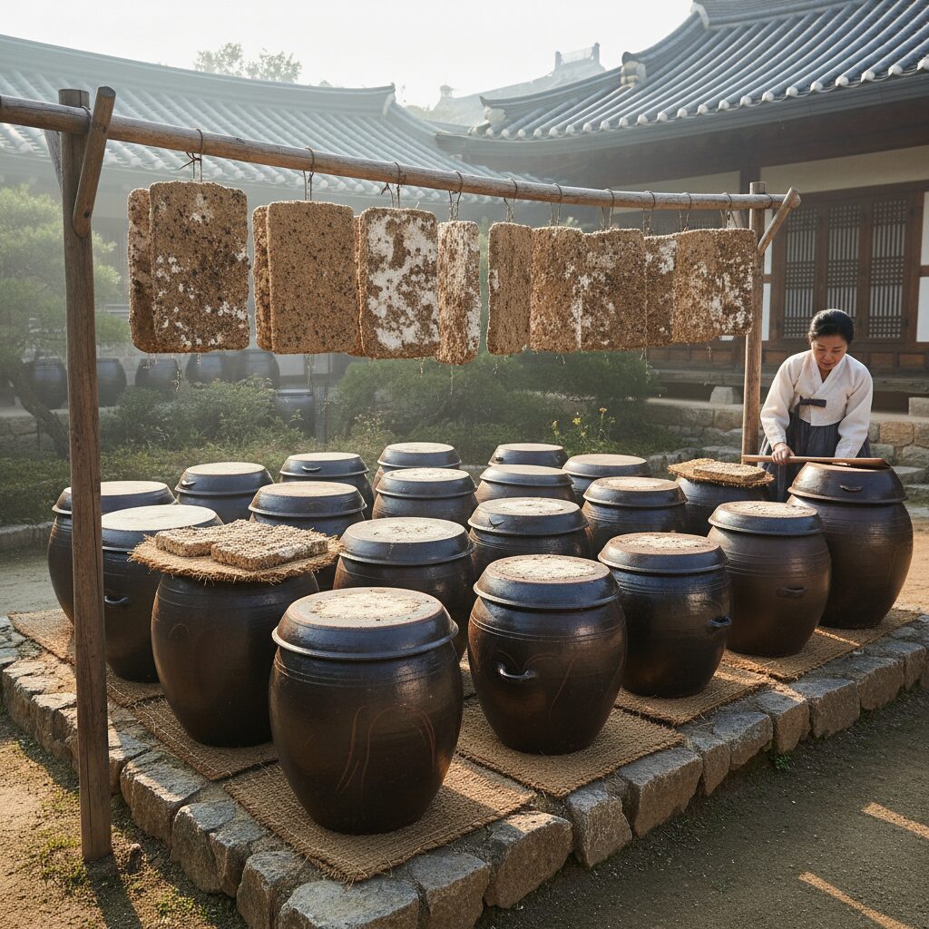전통 장독대에 담근 된장 항아리와 메주