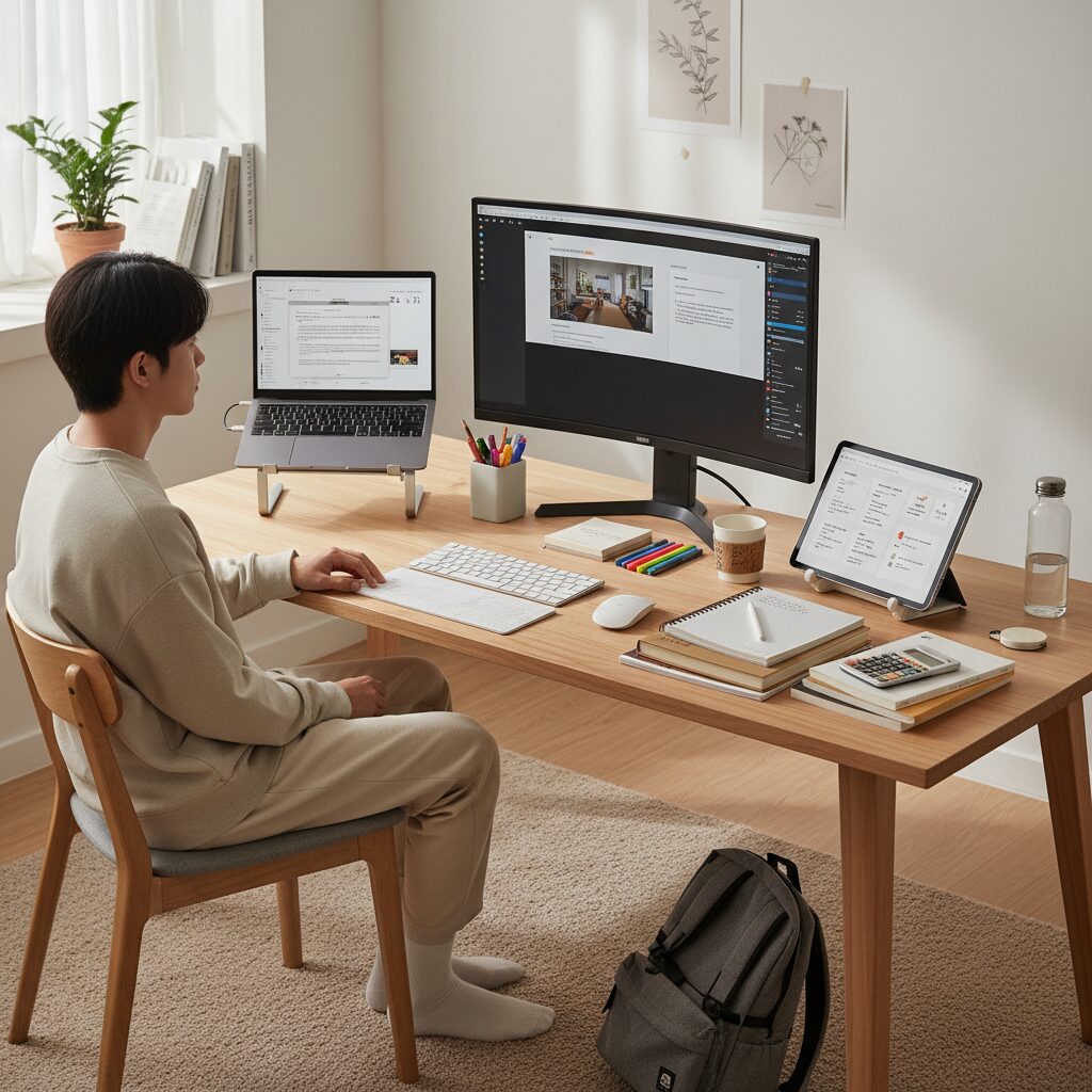신학기 노트북과 태블릿을 함께 사용하는 데스크 셋업