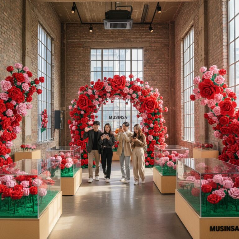 레고로 만든 빨간 장미와 핑크 장미가 전시된 성수 무신사 팝업스토어 내부