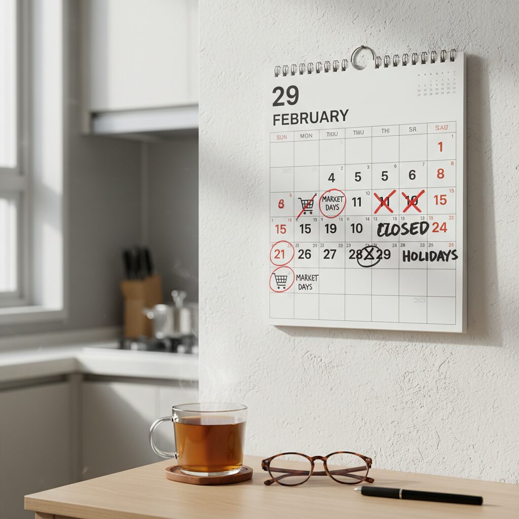 2월 달력 위에 마트 휴무일과 장보기 날짜가 표시되어 있음
