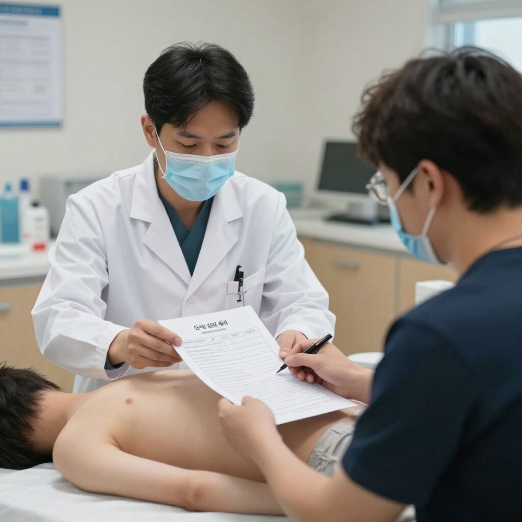 의사가 환자에게 신체검사 서류를 설명하는 모습