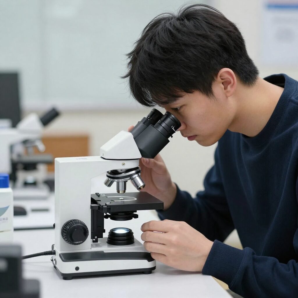 현미경과 계산식이 함께 있는 이미지