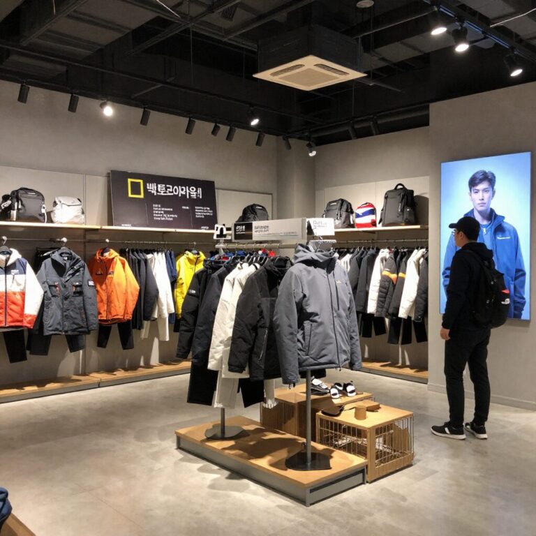 내셔널지오그래픽 팩토리아울렛 매장 내부 다양한 아우터가 진열되어 있는 모습