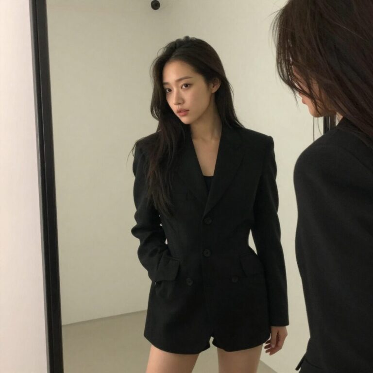 검은색 프리미엄 무스탕 숏재킷을 입은 여성이 거울을 보며 포즈를 취하고 있다