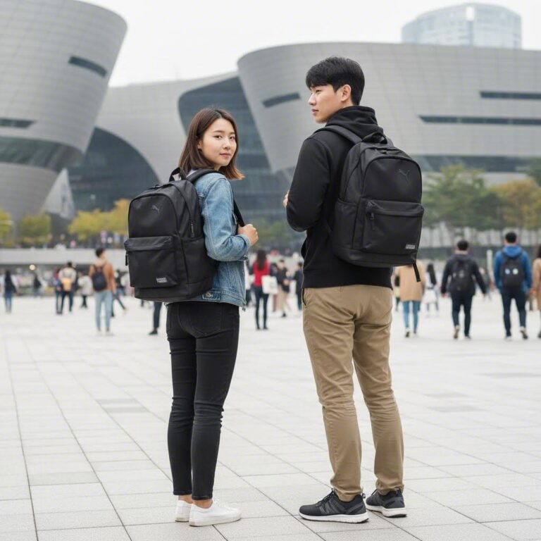 160cm 여성과 180cm 남성이 동일한 퓨마 백팩을 착용한 모습 비교