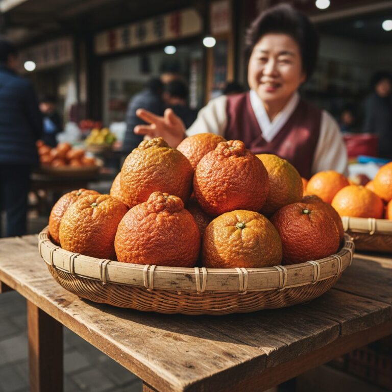 붉은 빛을 띠고 울퉁불퉁한 껍질을 가진 신선한 레드향이 바구니에 가득 담겨 있음