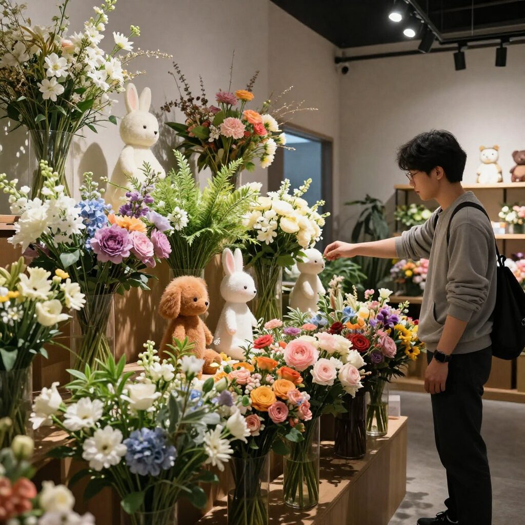 로제르 무인꽃집 내부에 진열된 다양한 색상의 인형 꽃다발과 생화 꽃다발
