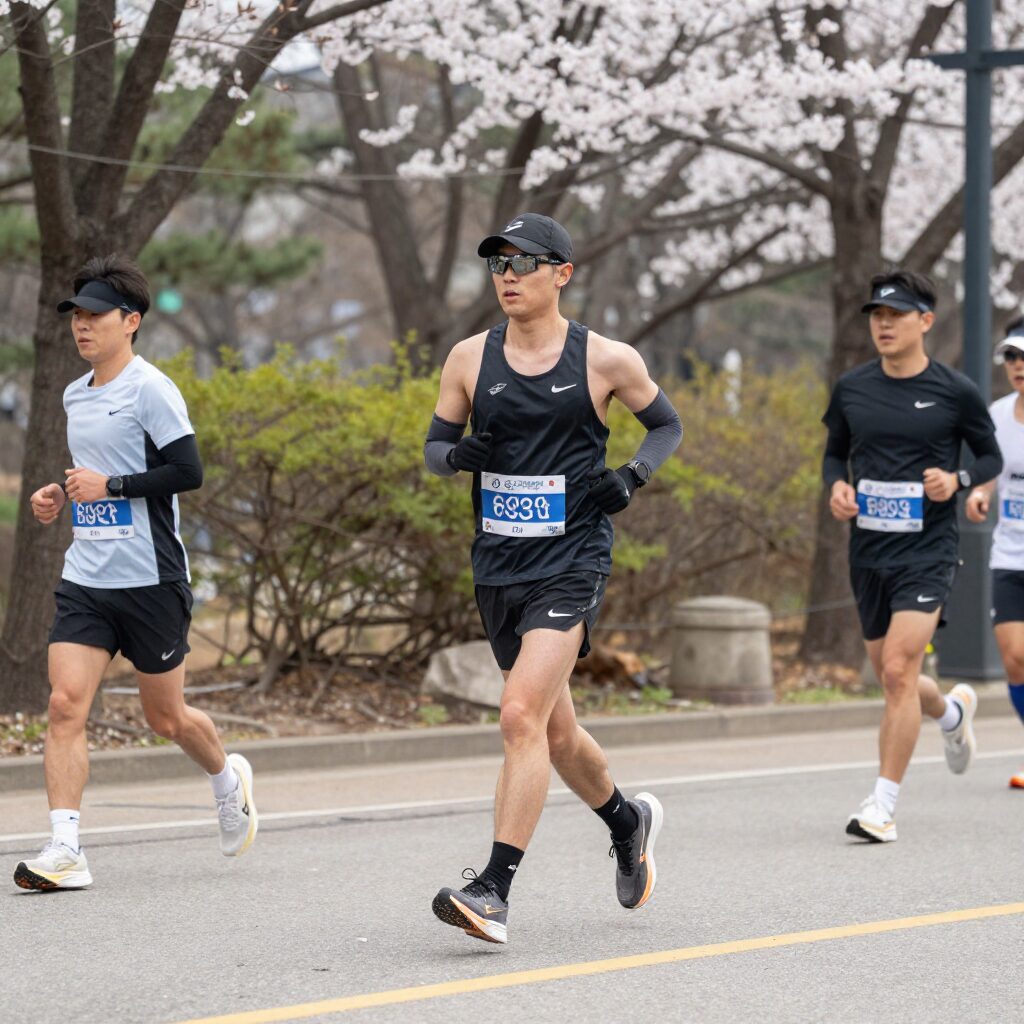 3월 봄날 공원에서 마라톤 훈련하는 러너의 모습