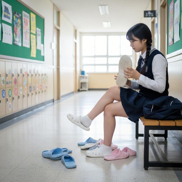 학교 실내화 슬리퍼 사이즈를 신어보며 확인하는 모습