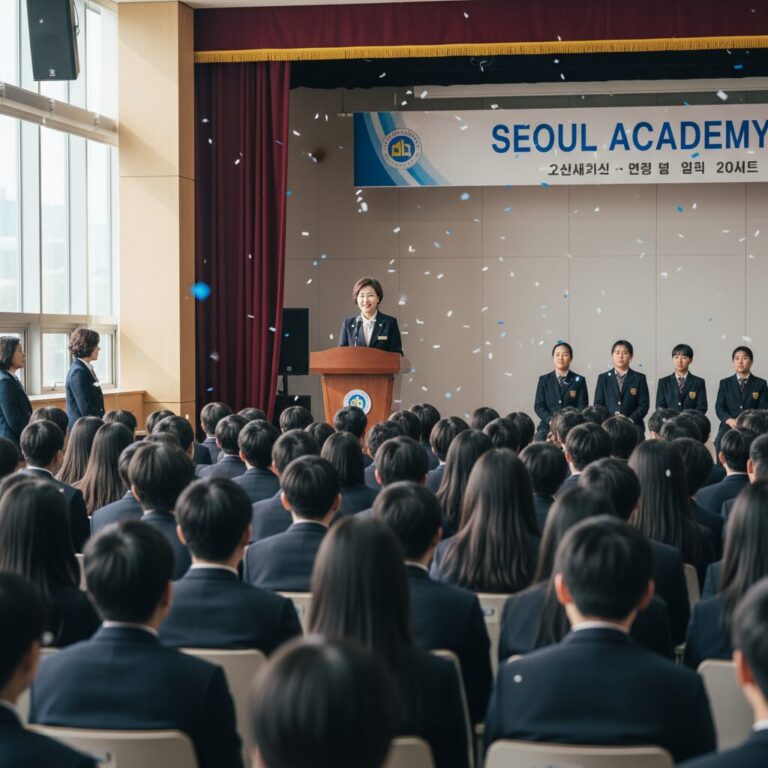 입학식에서 교장 선생님이 신입생들에게 환한 미소로 축사하고 있는 모습