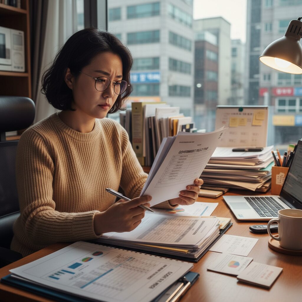 소상공인이 책상에서 정책자금 관련 서류를 검토하는 모습