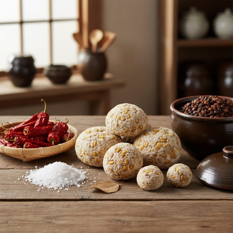 된장담그기세트에 들어있는 콩알메주와 부재료들이 나란히 놓인 사진