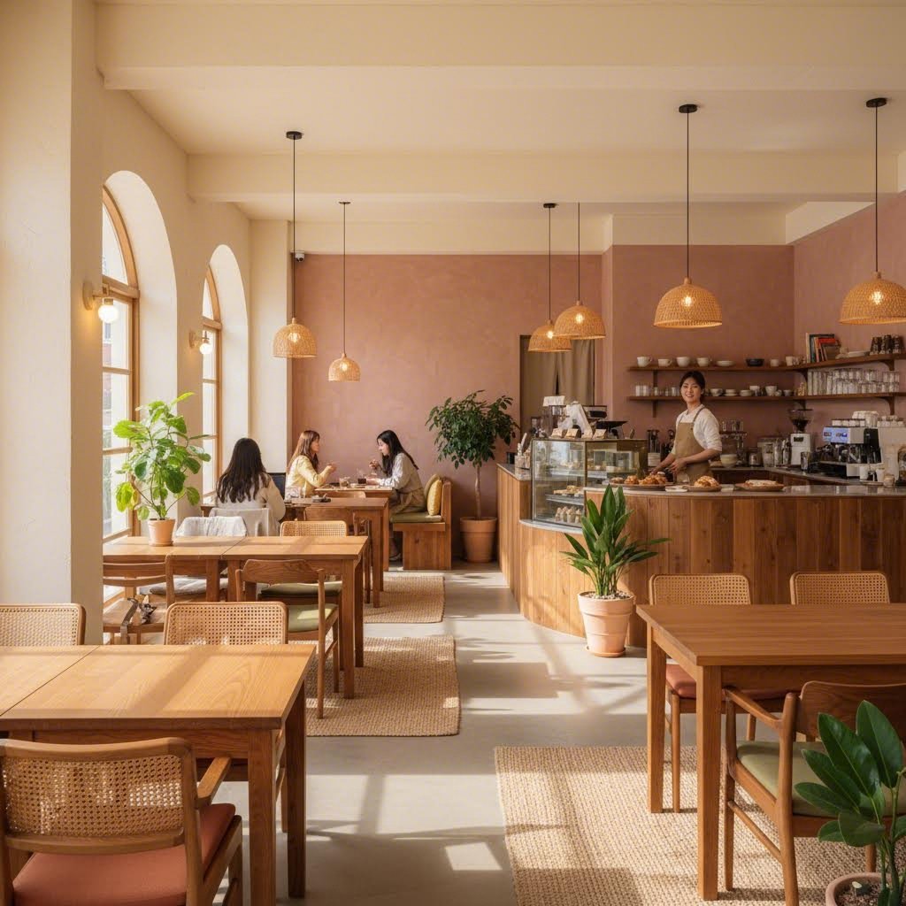 나무 가구와 톤톤한 인테리어가 따뜻한 분위기의 카페 내부