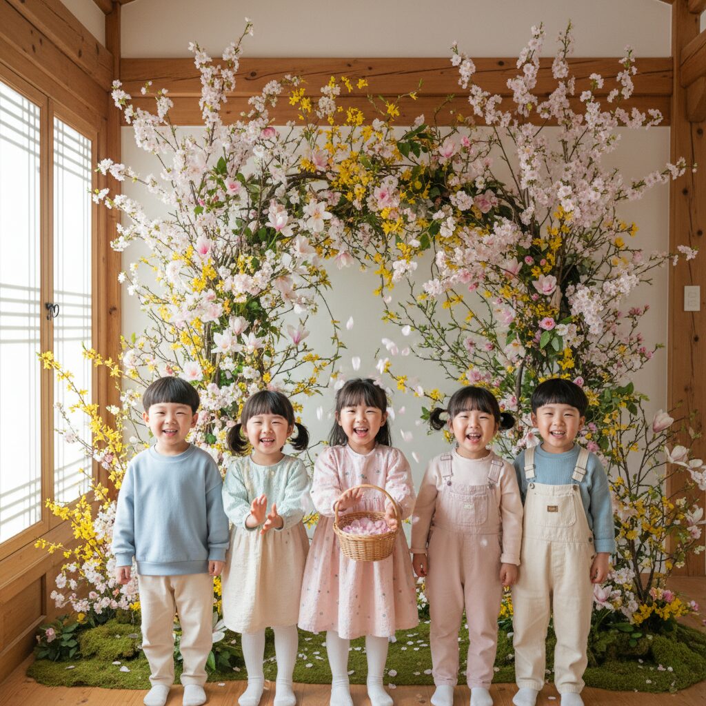 밝게 웃는 어린이들이 실내에서 봄을 상징하는 꽃 장식 앞에 서 있음