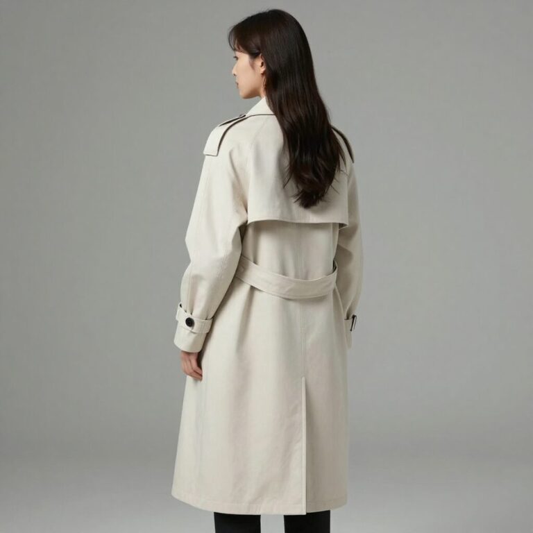 라이트 아이보리 톤의 롱 트렌치 코트를 입은 여성의 뒷모습 스타일
