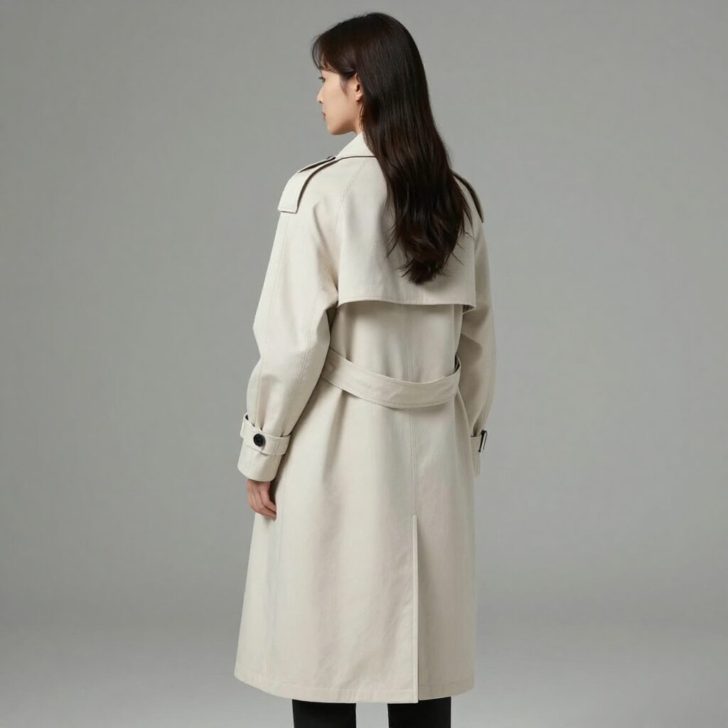 라이트 아이보리 톤의 롱 트렌치 코트를 입은 여성의 뒷모습 스타일