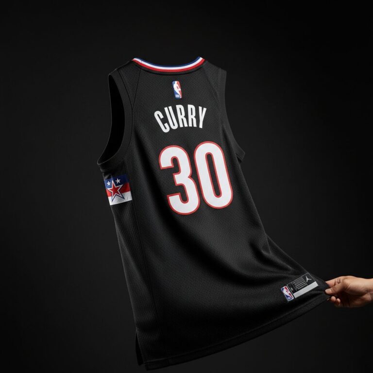 스테픈 커리 2018년 NBA 올스타 유니폼 검정색 배경에 걸쳐져 있음