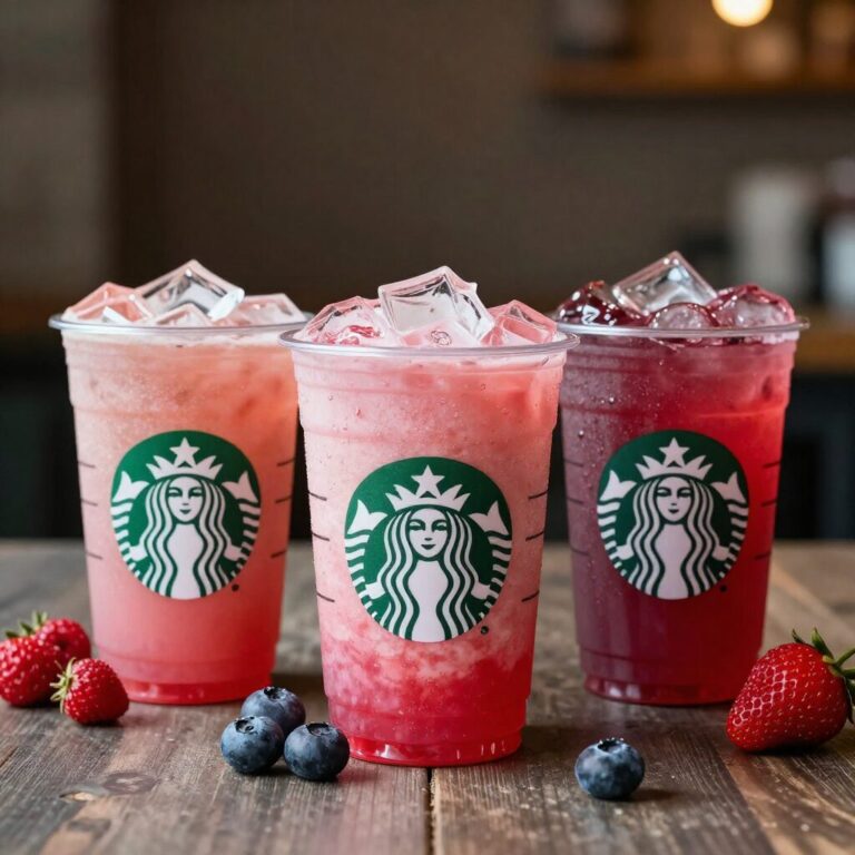 스타벅스 딸기 음료 세 가지가 나란히 놓여 있는 모습