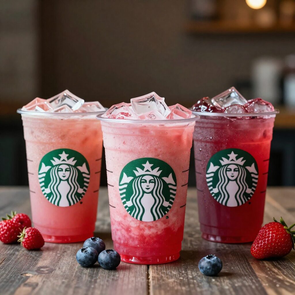 스타벅스 딸기 음료 세 가지가 나란히 놓여 있는 모습