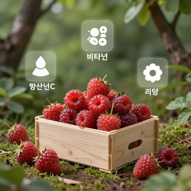신선한 딸기 여러 개가 나무 상자에 담겨 있고 비타민C와 항산화 효능을 상징하는 아이콘들이 주변에 흩어져 있는 이미지