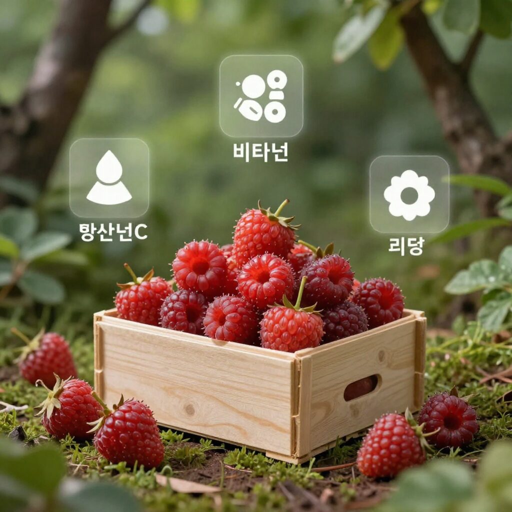 신선한 딸기 여러 개가 나무 상자에 담겨 있고 비타민C와 항산화 효능을 상징하는 아이콘들이 주변에 흩어져 있는 이미지