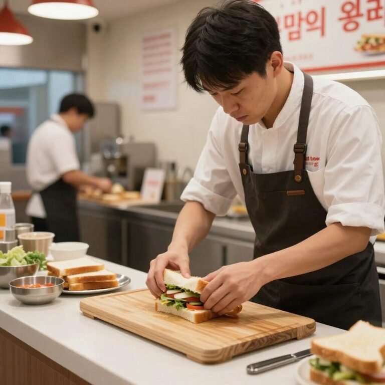 서브웨이 매장에서 직원이 샌드위치를 만드는 모습