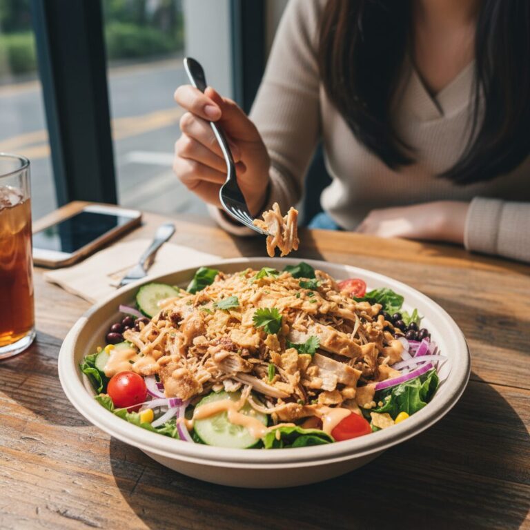 서브웨이 타코샐러드 그릇에 담긴 로티세리 치킨과 신선한 야채들