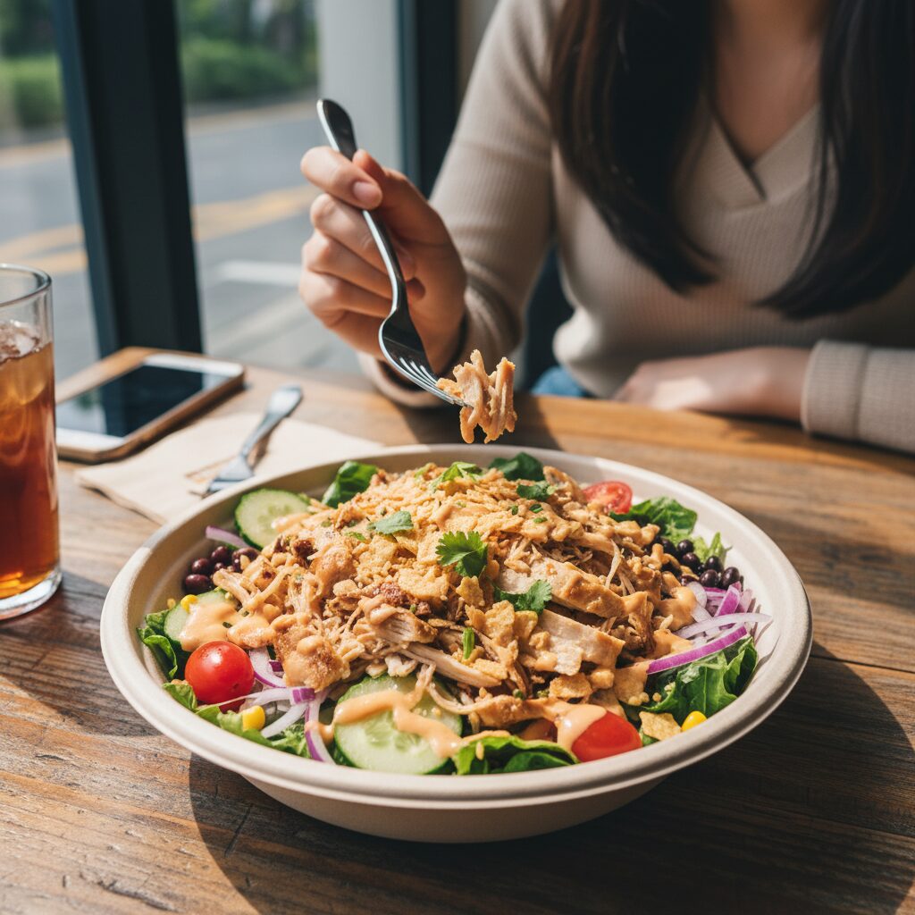 서브웨이 타코샐러드 그릇에 담긴 로티세리 치킨과 신선한 야채들