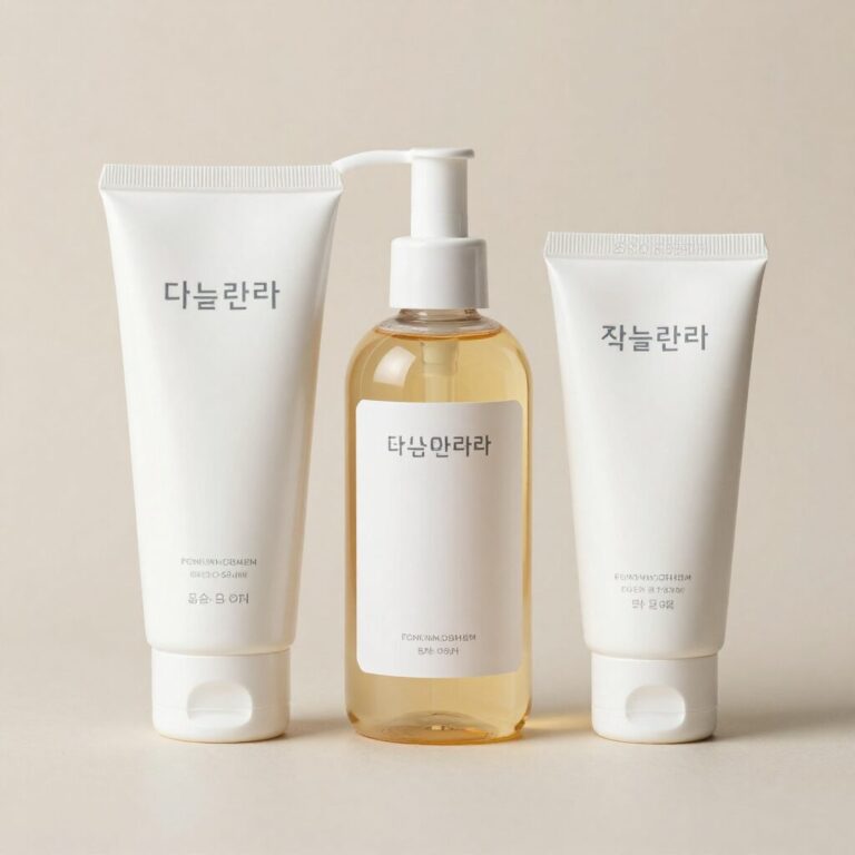 중학생 기초화장품 세트 클렌저 앰플 선크림이 나란히 놓여 있음