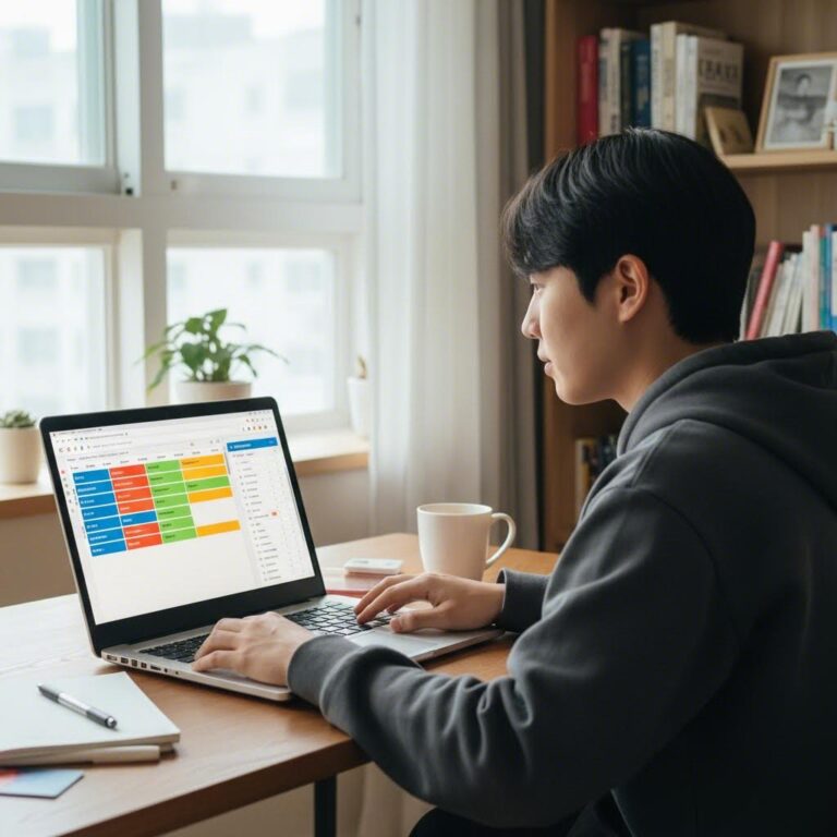 대학생이 노트북으로 시간표를 계획하고 수강신청 사이트를 열어둔 모습