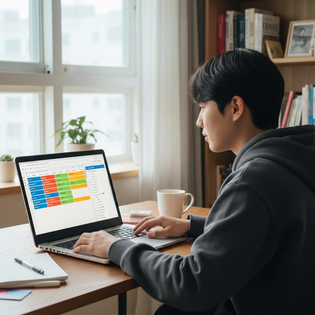 대학생이 노트북으로 시간표를 계획하고 수강신청 사이트를 열어둔 모습