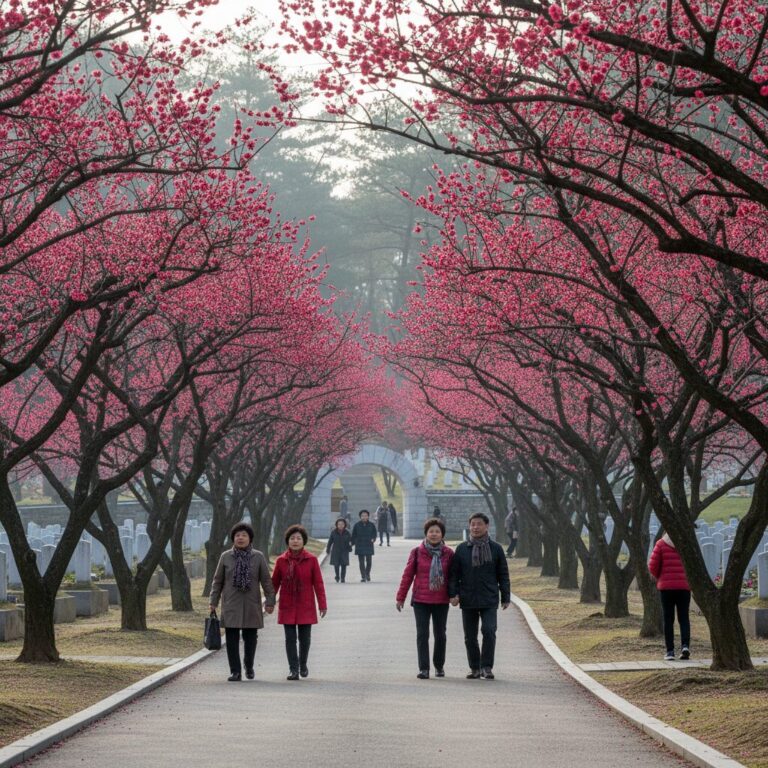 부산 UN기념공원에 핀 홍매화 나무와 산책로