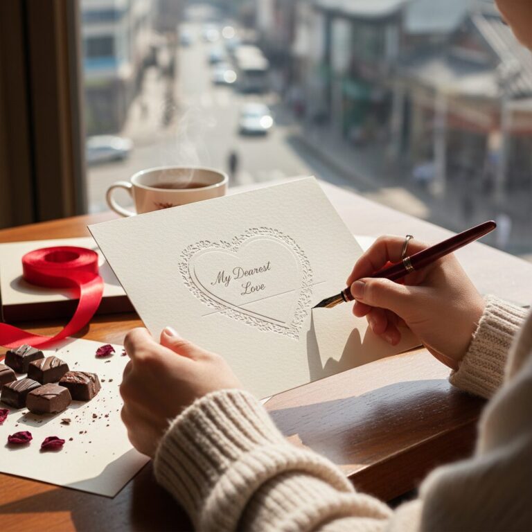 손으로 발렌타인데이 카드에 마음을 담아 글을 쓰는 모습