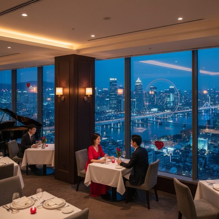 발렌타인데이 야경이 멋진 고층 레스토랑 실내