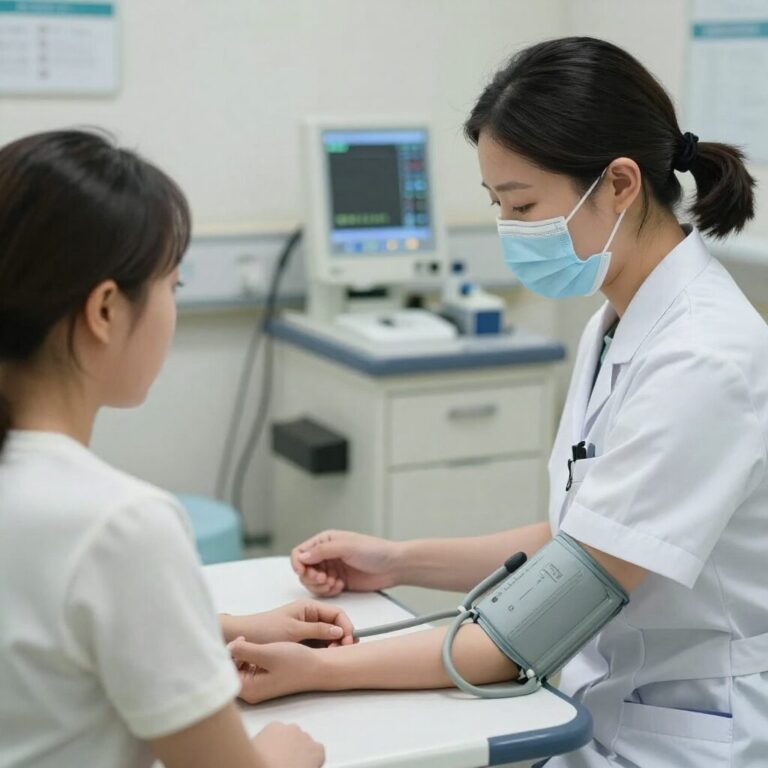 병원에서 간호사가 환자의 혈압을 측정하는 모습