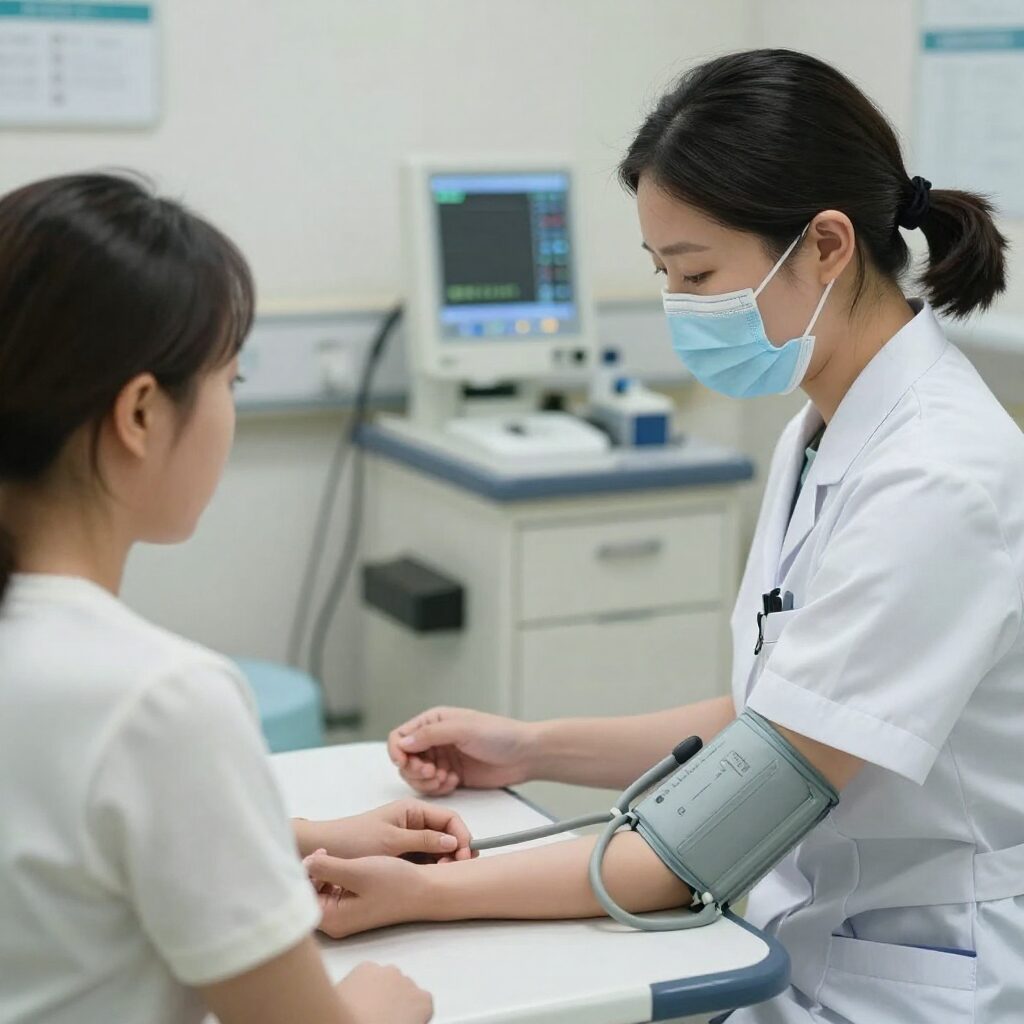 병원에서 간호사가 환자의 혈압을 측정하는 모습