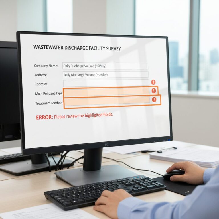 폐수배출업소조사표 오류 확인 화면에서 주황색으로 표시된 입력란