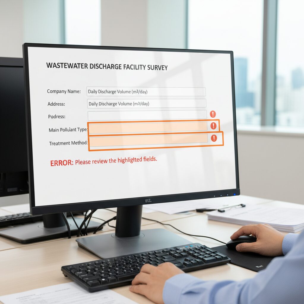 폐수배출업소조사표 오류 확인 화면에서 주황색으로 표시된 입력란