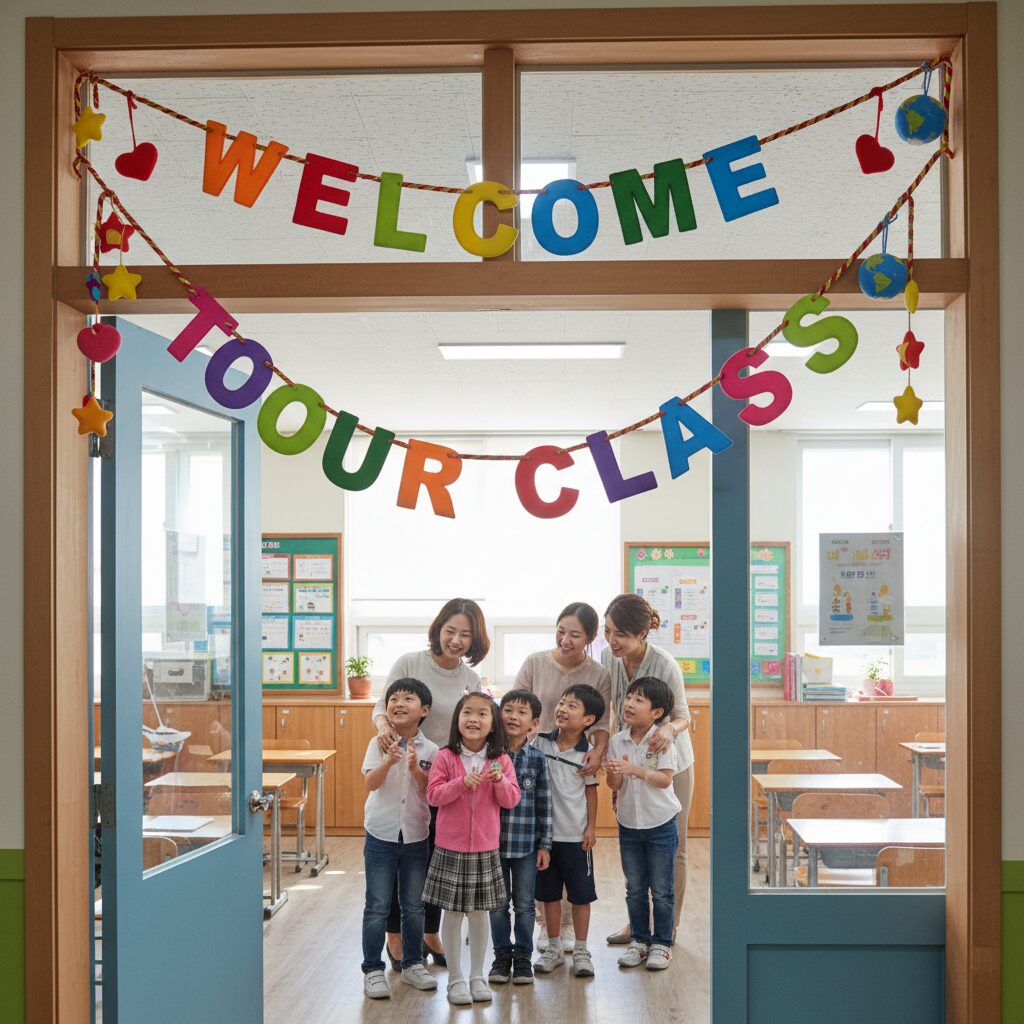 교실 입구에 걸린 컬러풀한 환영합니다 가랜드 장식