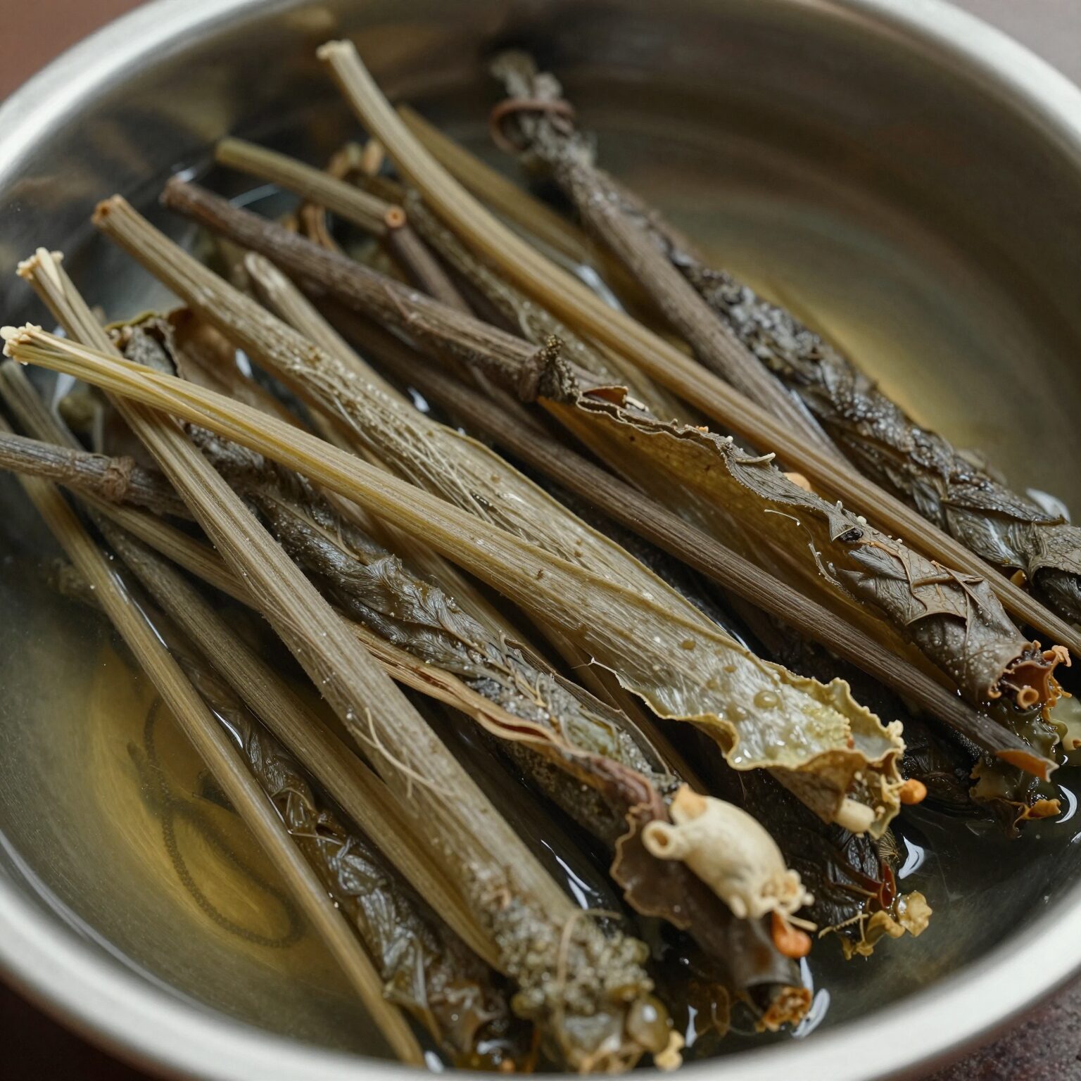 데쳐서 물기를 뺀 가시오가피순 나물이 그릇에 담겨 있는 모습