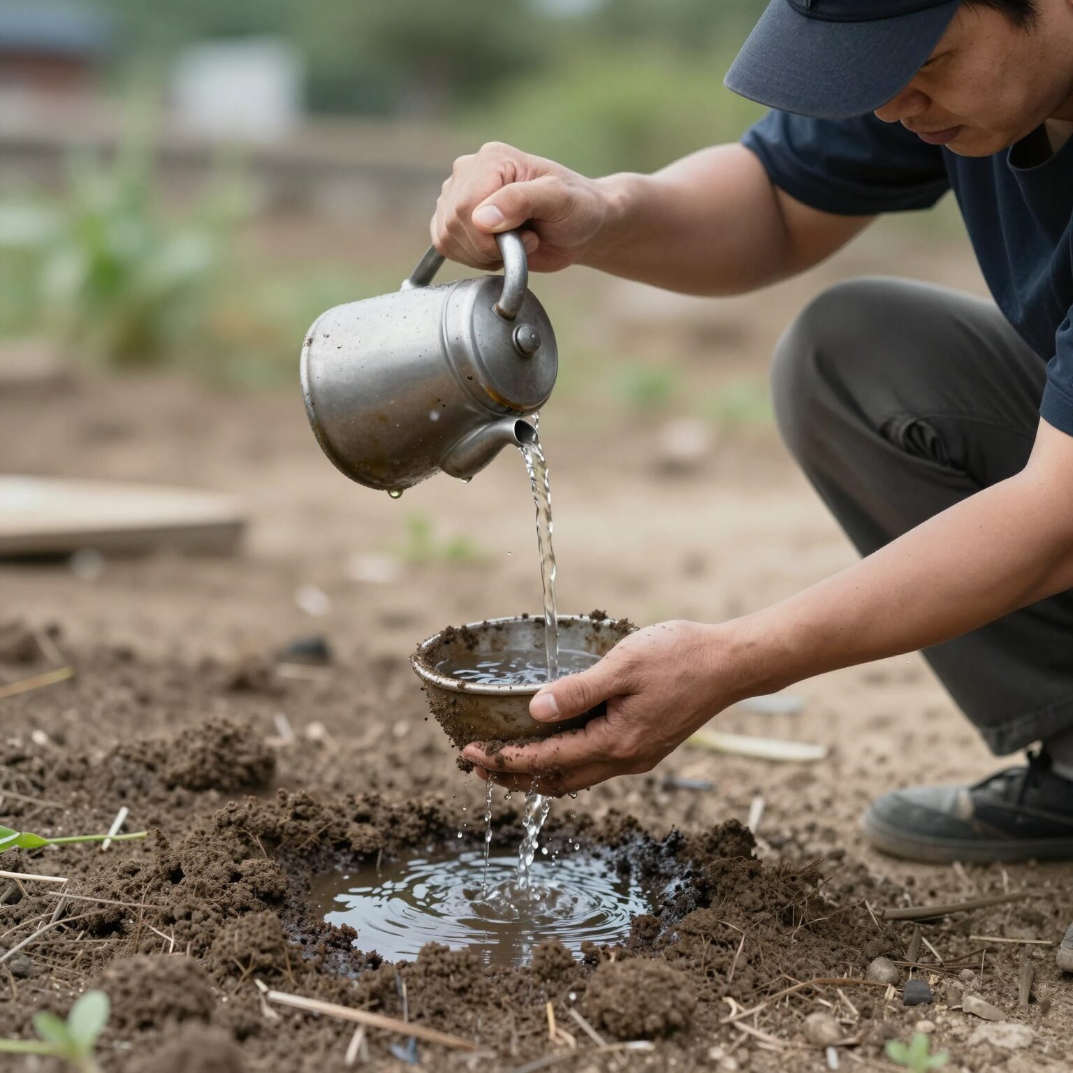 아젤리아 화분에 물을 주는 모습, 겉흙이 마른 상태에서 물주기
