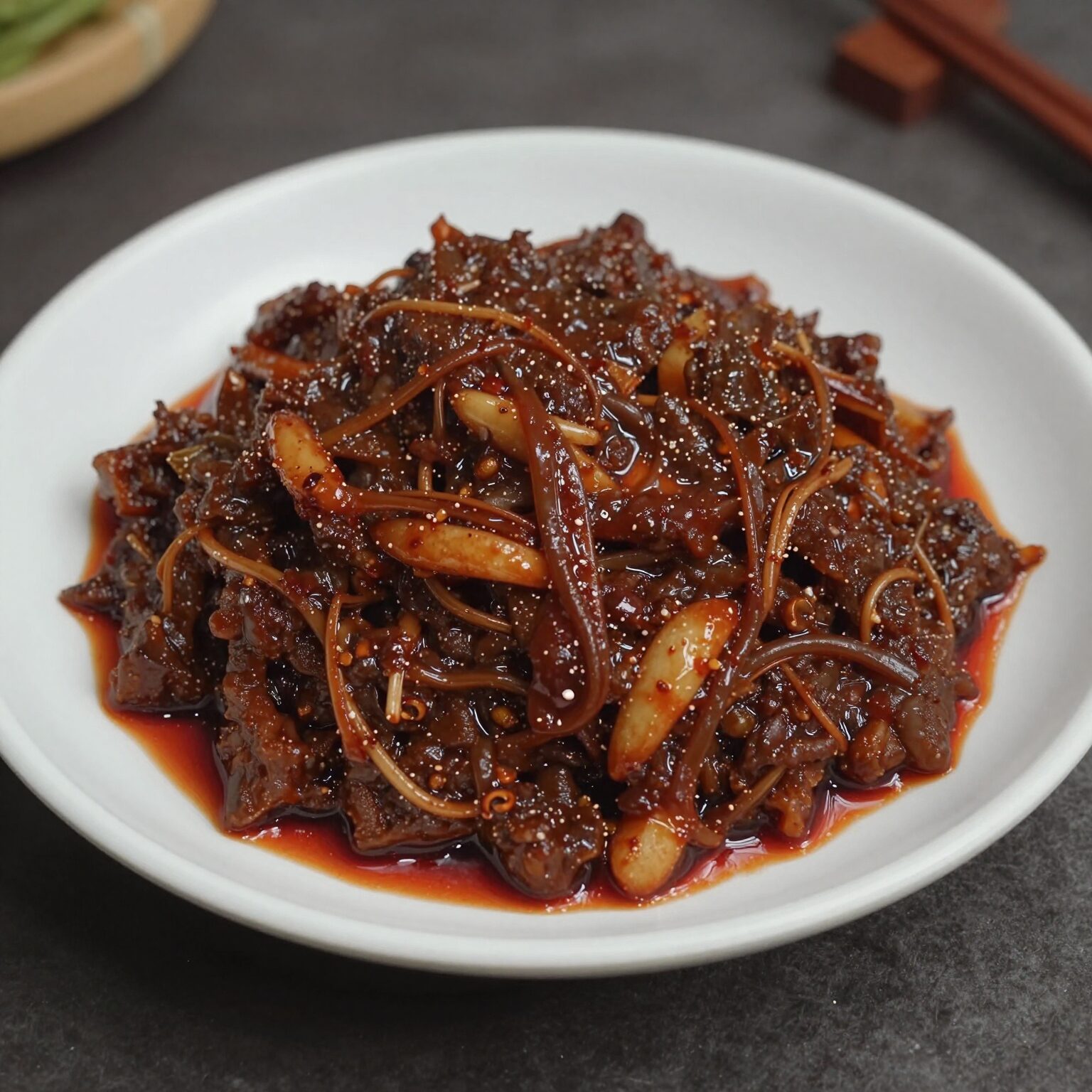 데친 방풍나물을 들기름과 양념으로 무친 된장무침 접시