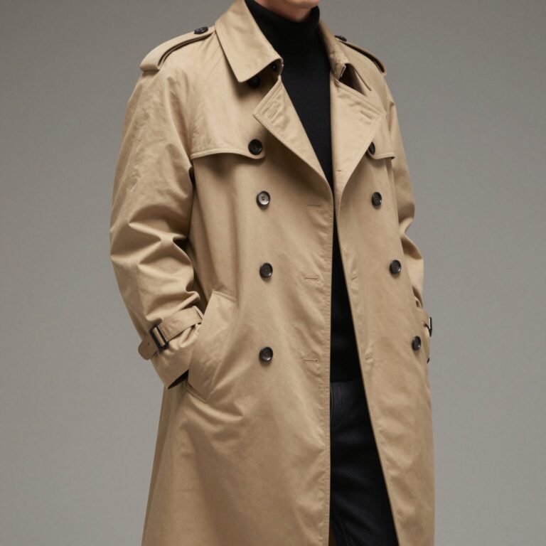 오버핏 스타일의 카키색 트렌치코트를 걸친 모습