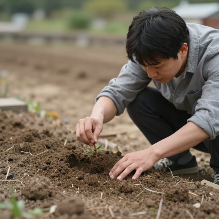 비트 씨앗을 손가락으로 흙에 넣어 파종하는 모습