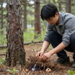 봄 숲속에서 자작나무 수액 채취하는 모습