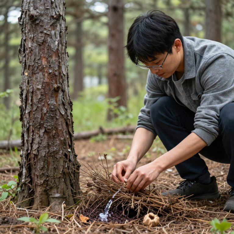 봄 숲속에서 자작나무 수액 채취하는 모습