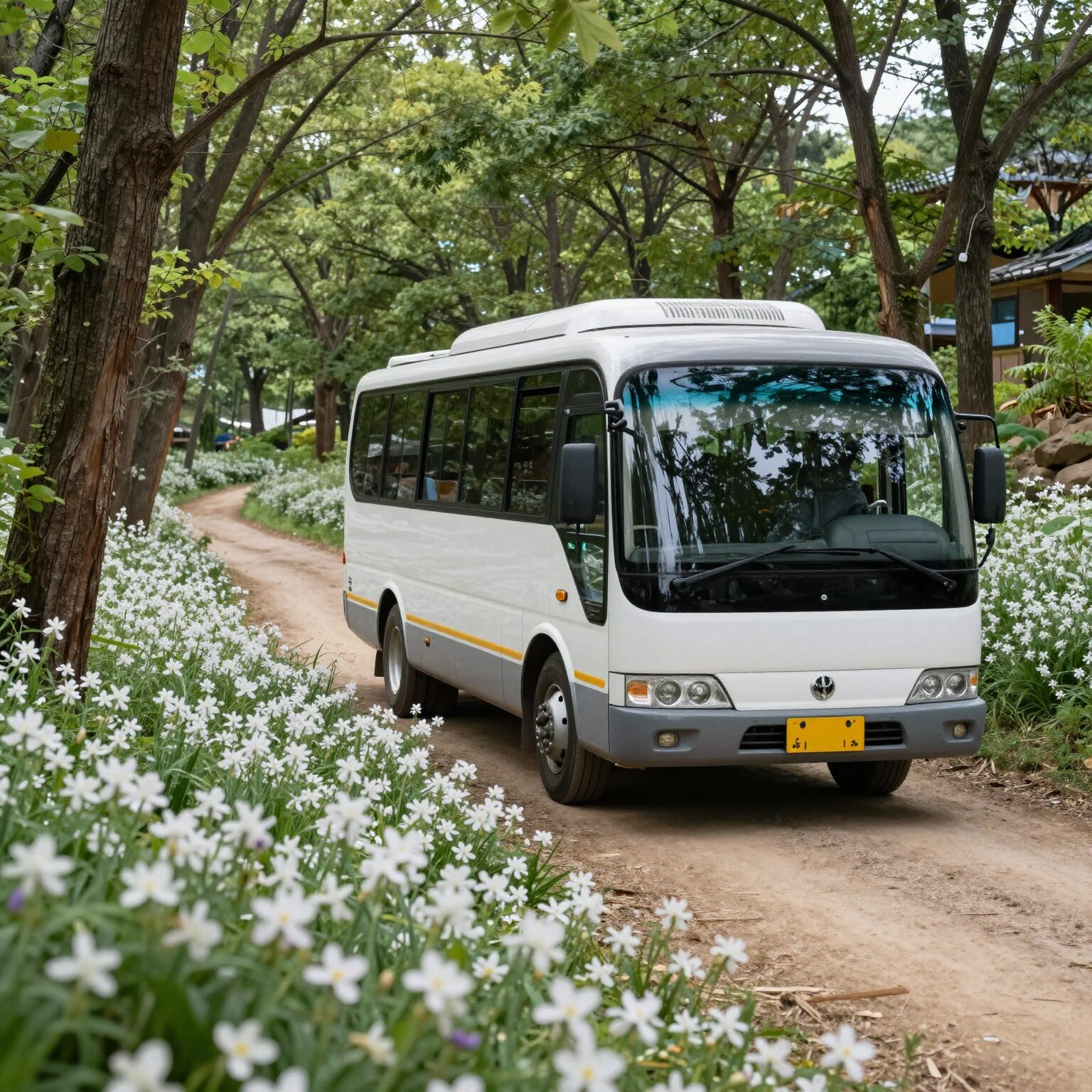 비슬산 참꽃 군락지로 가는 친환경 전기 셔틀버스가 숲길을 달리고 있다